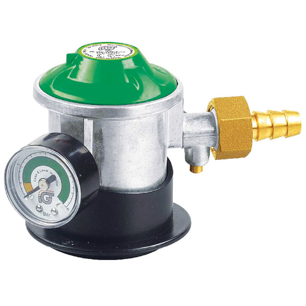 IGT, Gasregler Jumbo LPG mit Manometer, Eingang 35 mm - Ausgang 10 mm, 29 mbar, Grün/Silber