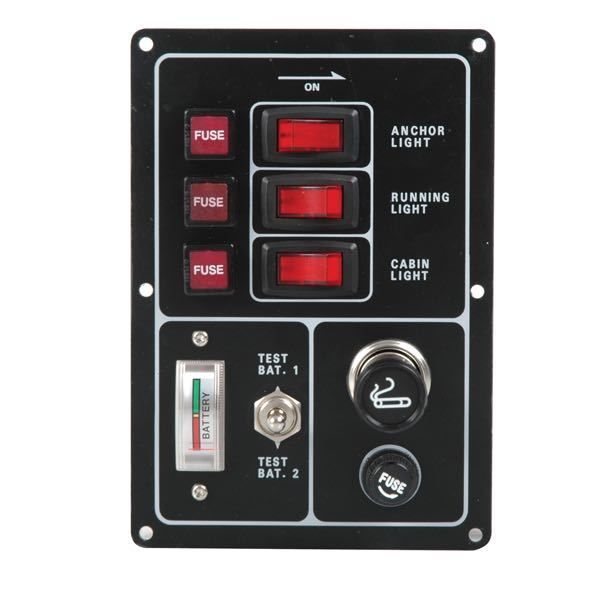 Schalttafel mit Zigarettenstecker, Batterieanzeige und 3 Schaltern, 12V, 10 Ampere