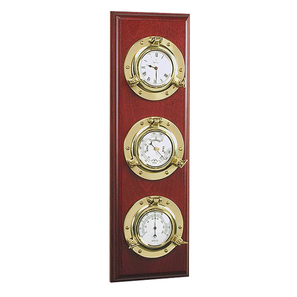 Foresti, Barometerstation mit Ski-Uhr, Barometer und Thermometer auf Mahagoni-Platte, 560 x 160 x 40 mm